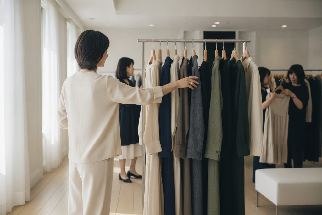 明るい部屋で洋服を選ぶ女性の後ろ姿