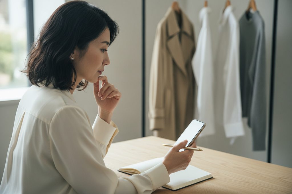 スマートフォンを見る女性とノート