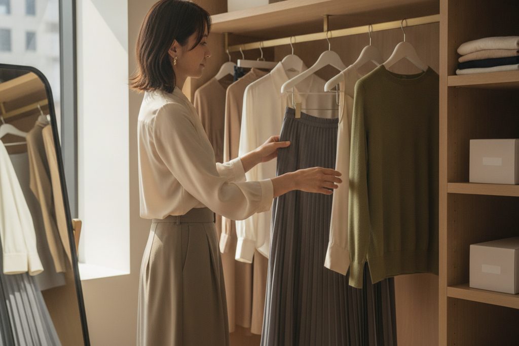 クローゼットで服を選ぶ女性の手元