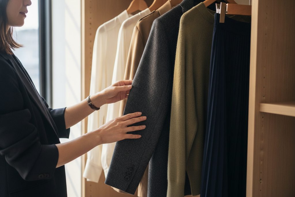 服が並んだクローゼットで、ブラウスの袖に手を伸ばす女性の手元