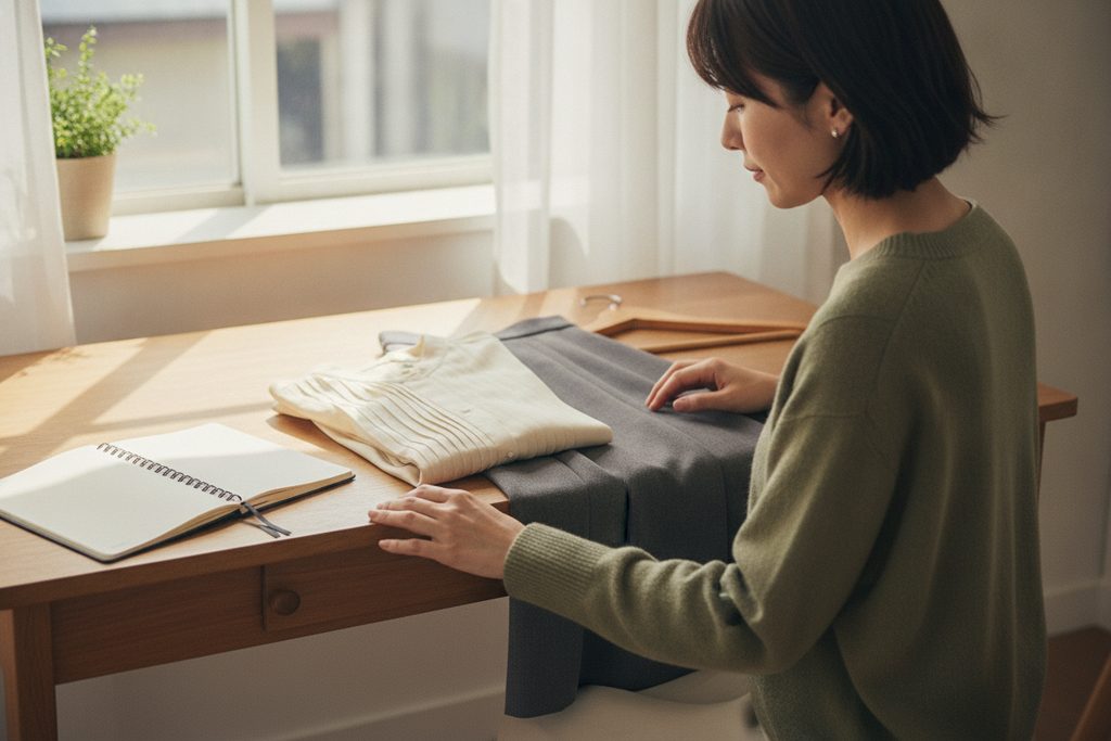 机の上で服と手帳を見比べる女性