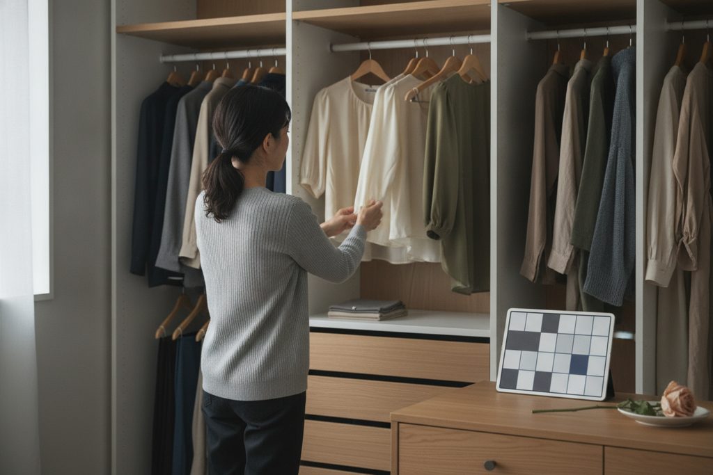ワードローブから服を選ぶ女性とタブレット