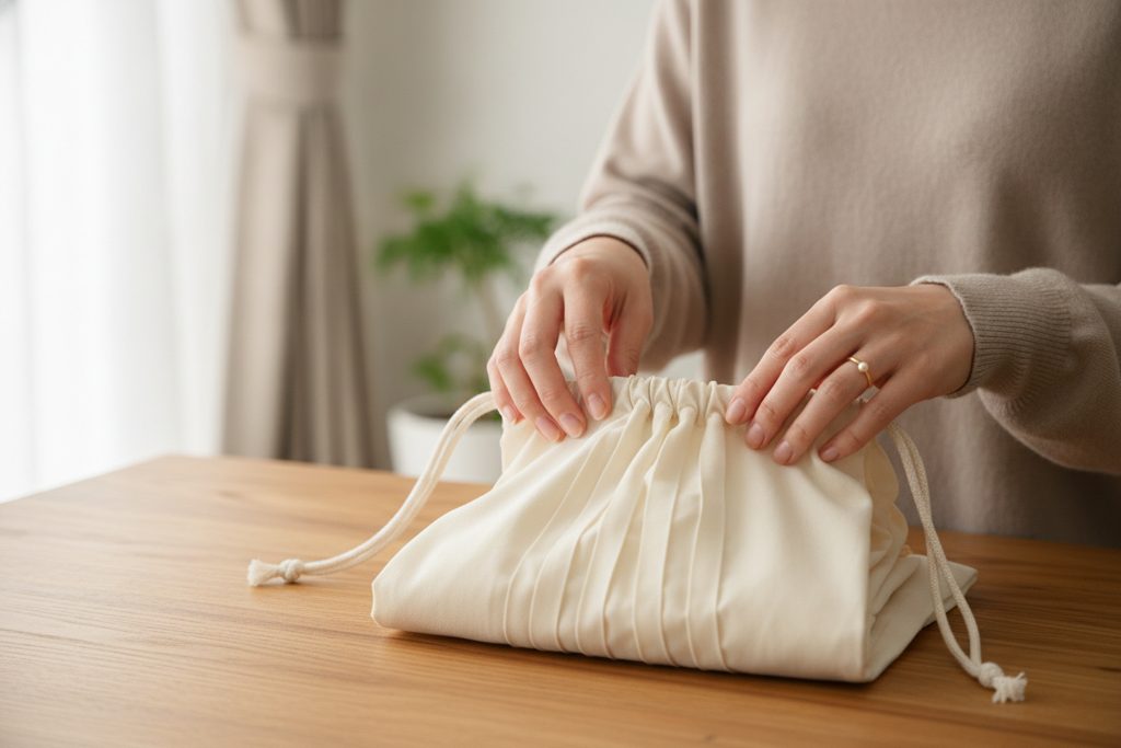 返却用の袋に服を詰める女性の手元