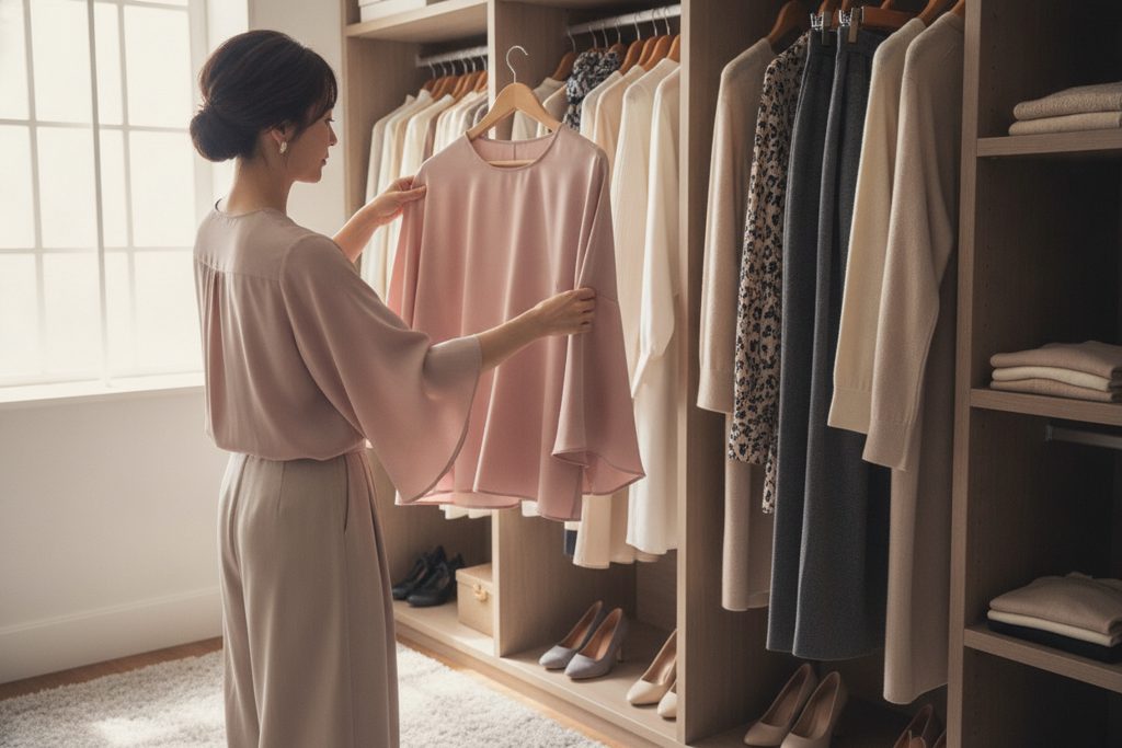 クローゼットに新しい服をかける女性の手元