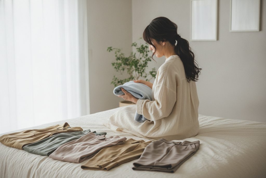 ベッドに座り、服を選んでいる様子の女性