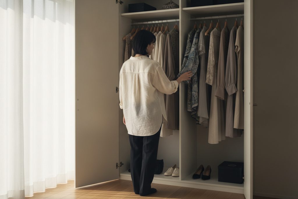 クローゼットで洋服を見つめる女性の背中