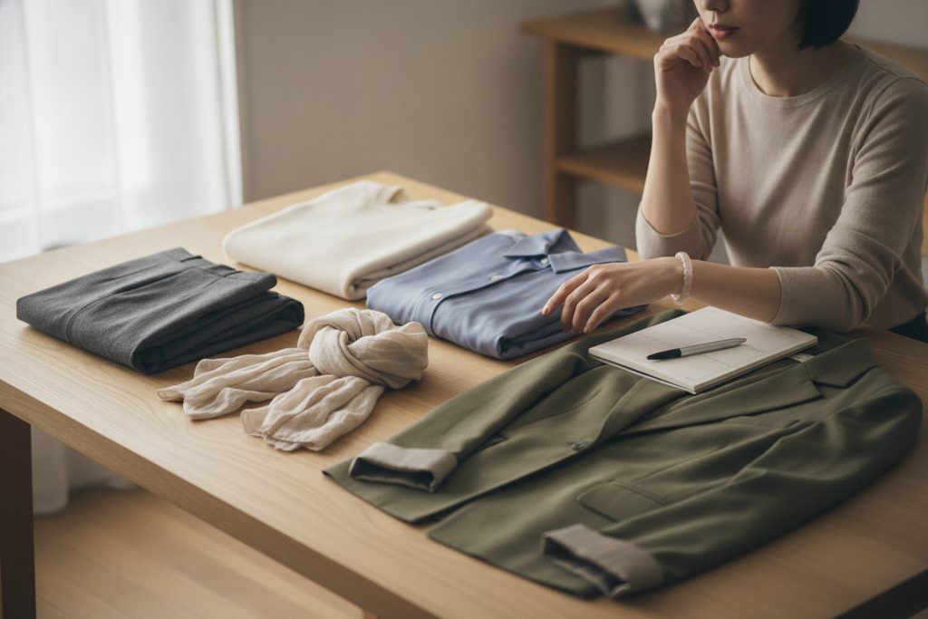 洋服を前にノートを広げる女性の手元