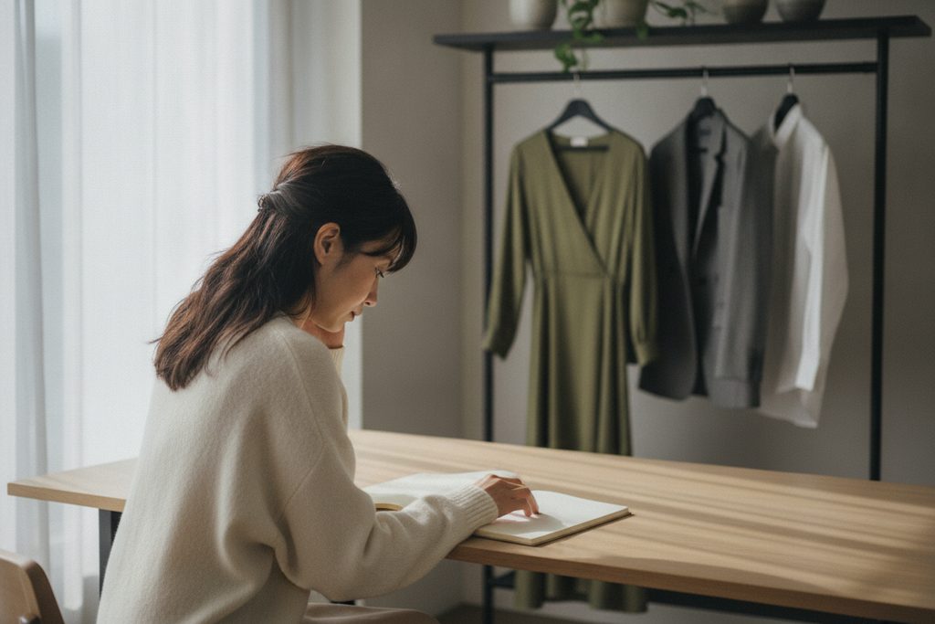 机でノートを開き、考え事をしている女性の背中