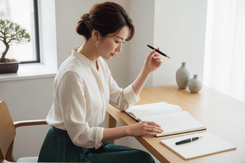 デスクで手帳を真剣に見ている女性の後ろ姿
