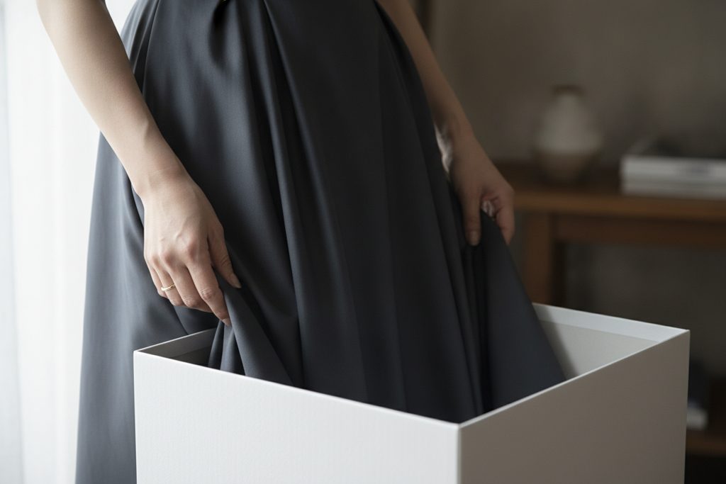 女性がレンタルドレスを箱から取り出す様子