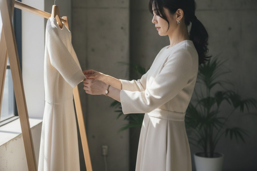 窓からの光が当たる部屋で、ドレスの袖を直す女性の手元