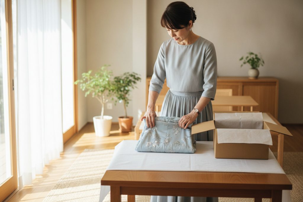 光が差し込む部屋で返却用のドレスをたたむ女性