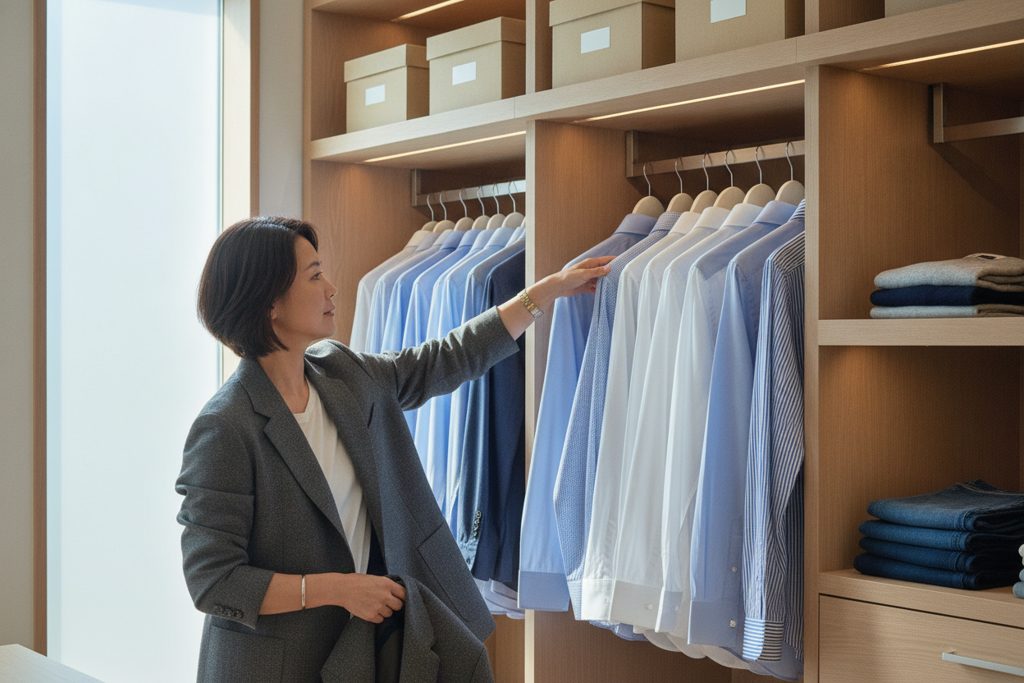 男性用の上着とシャツを前に立つ女性