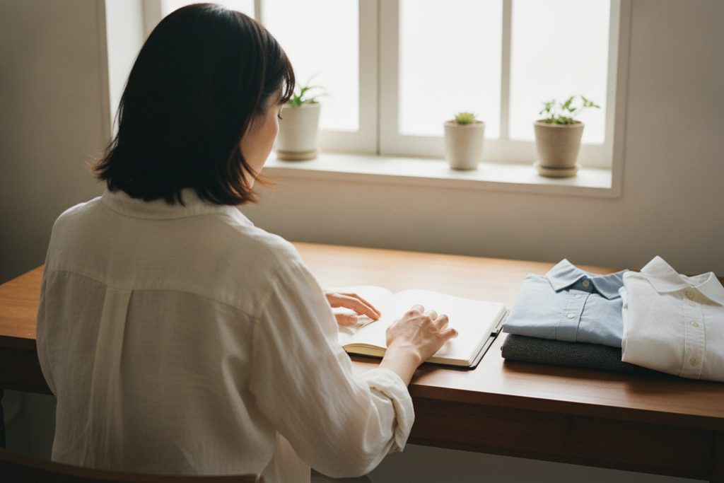 デスクで手帳を見る女性と畳まれたシャツ
