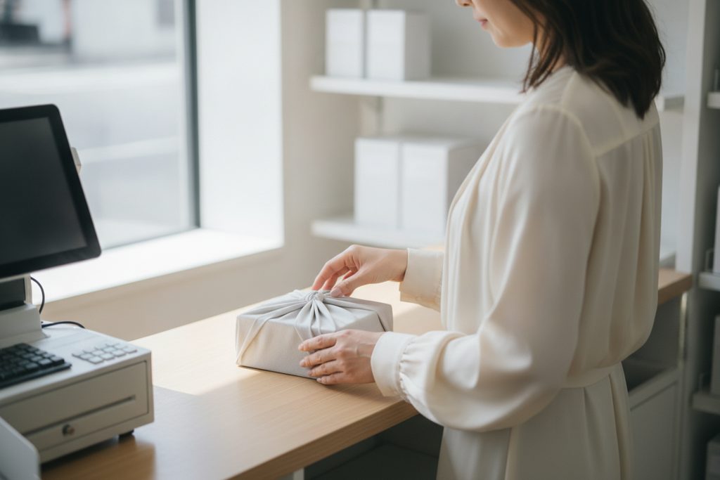 コンビニのカウンターに置かれた洋服の包みと女性の手元
