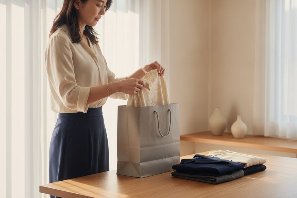配送バッグに服を詰める女性の手元