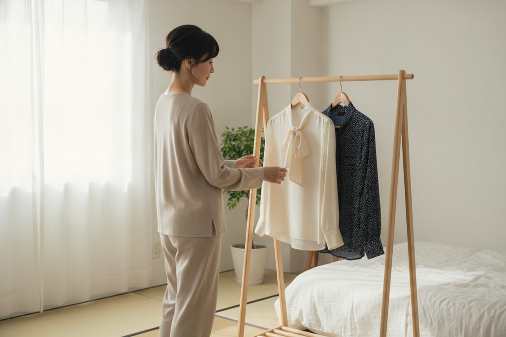 窓辺でハンガーにかかった通勤服を眺める女性の後ろ姿