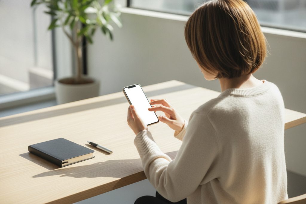 デスクでスマホを使い、計算している女性