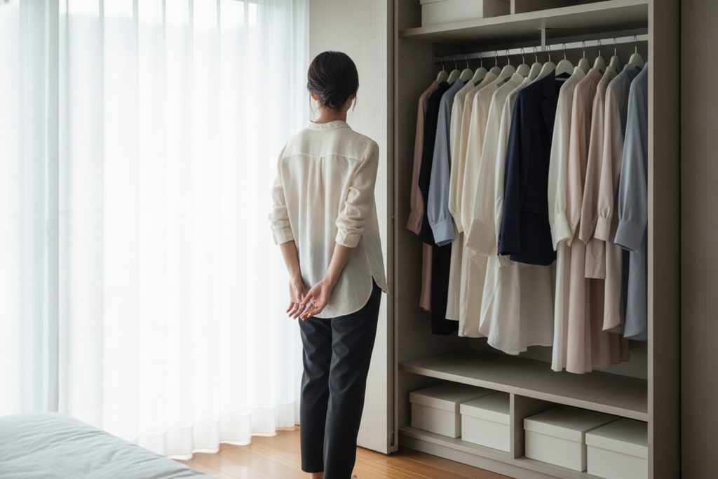 クローゼットで服を選ぶ40代女性の後ろ姿