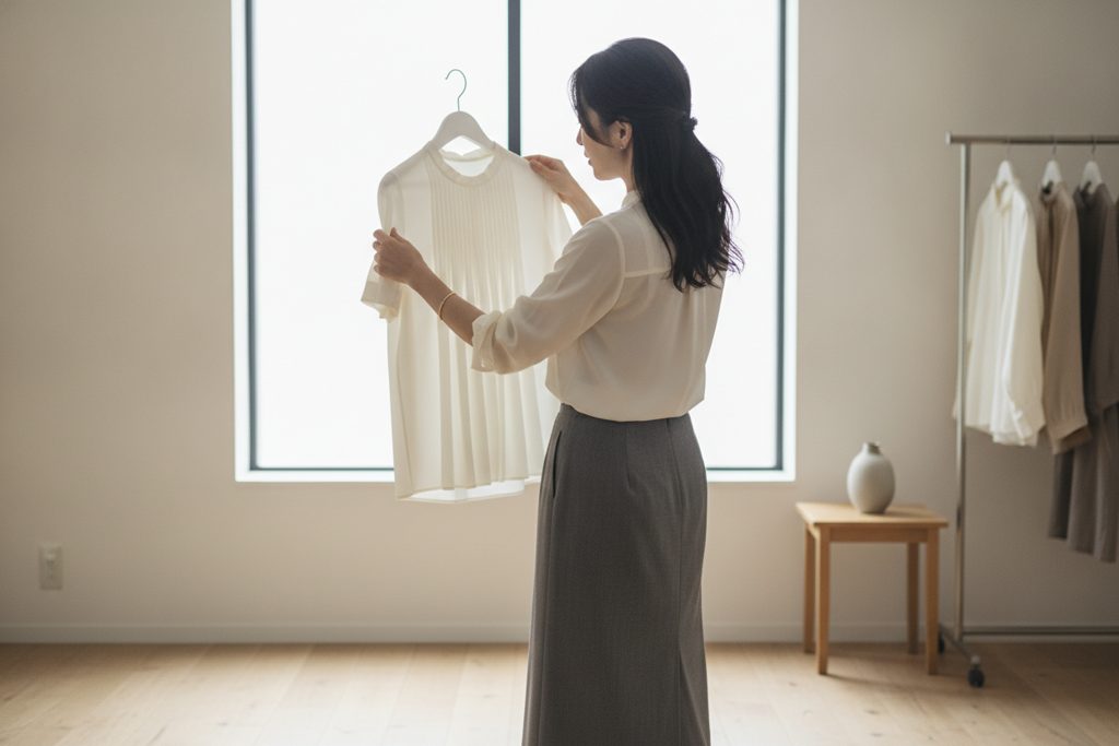 洋服を手に取り、生地の感触を確かめる女性