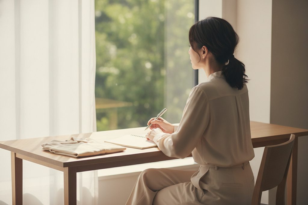 デスクでノートとペンを持つ女性、横にたたんだ服