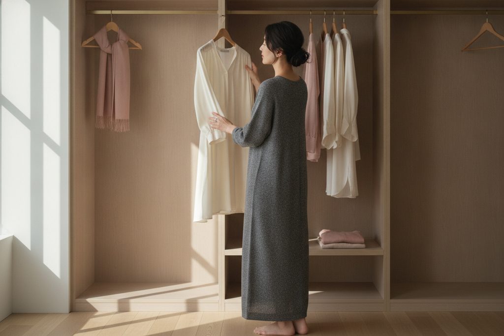 クローゼットの前で服を選ぶ女性の後ろ姿