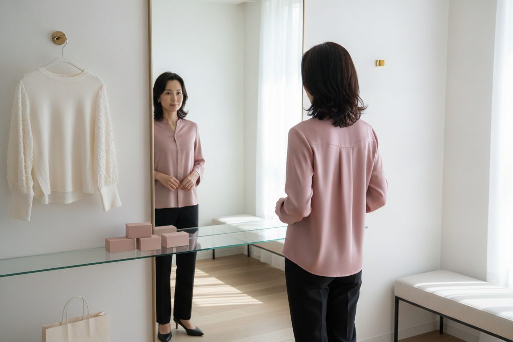 ドレッシングルームで上品なブラウスを試着する女性の後ろ姿