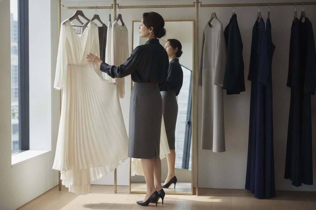 明るいクローゼットで上質な服を選ぶ女性