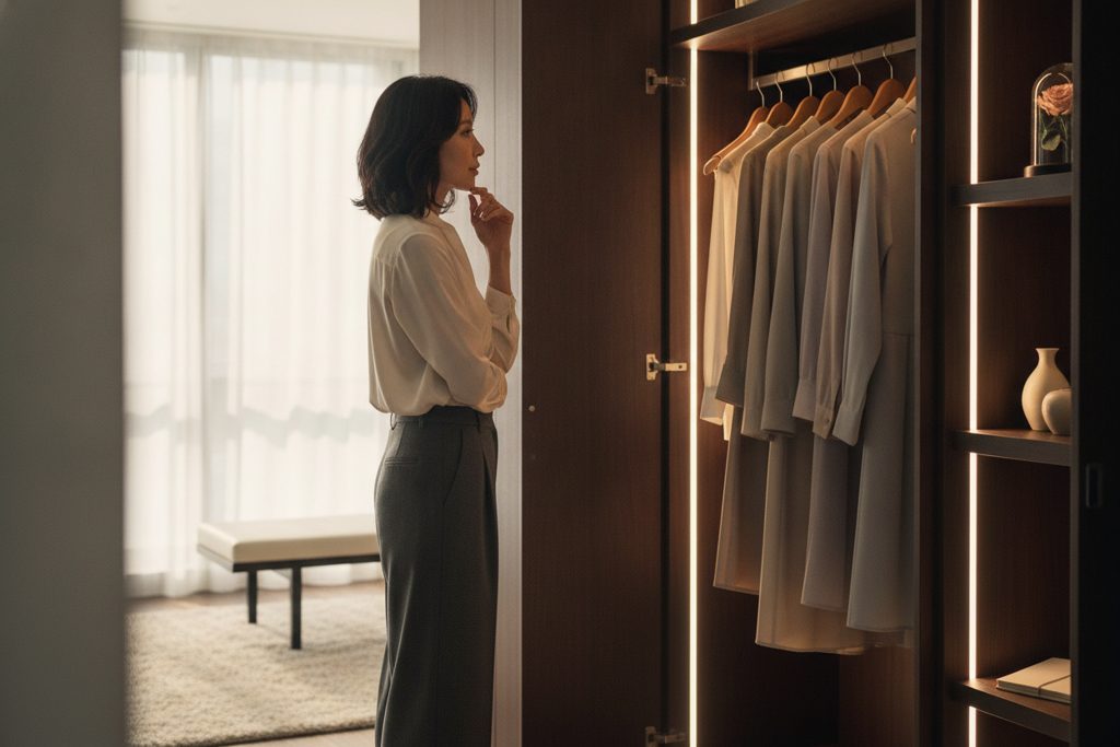 クローゼットの前で服を吟味する女性の後ろ姿