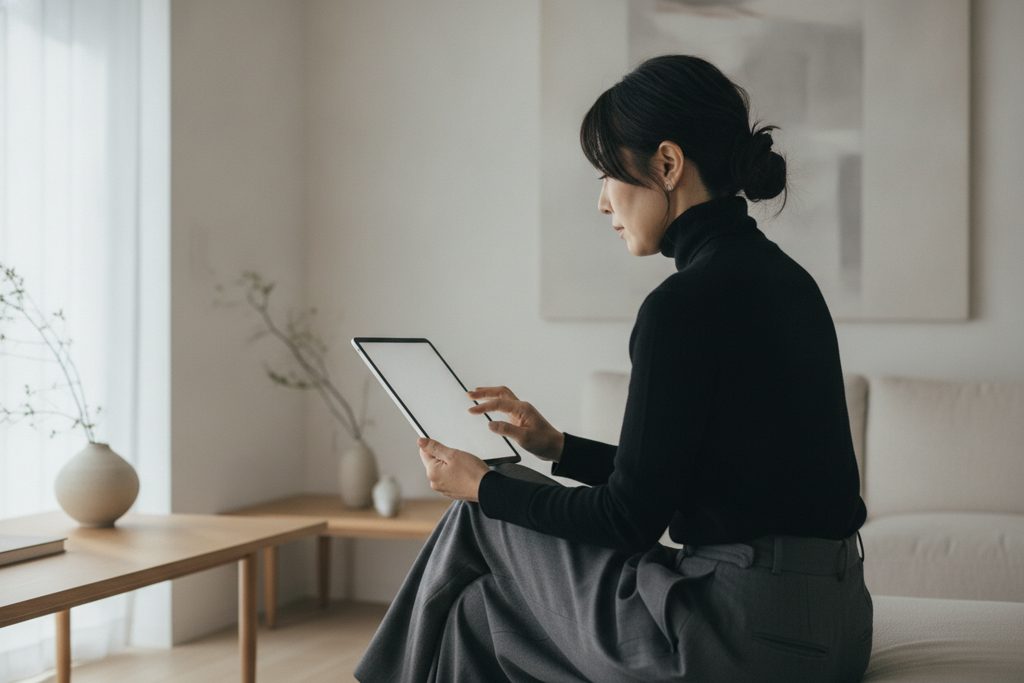 タブレットを真剣に見つめる女性の手元