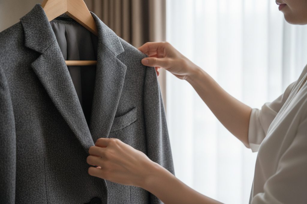 ハンガーにかかった礼服の襟元を整える手元
