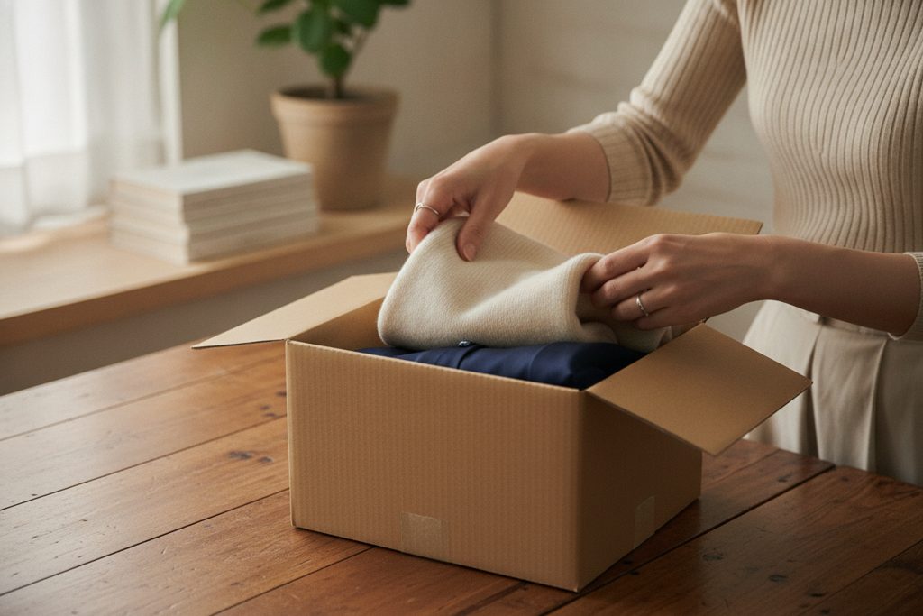 届けられた洋服の箱から服を取り出す女性の手元