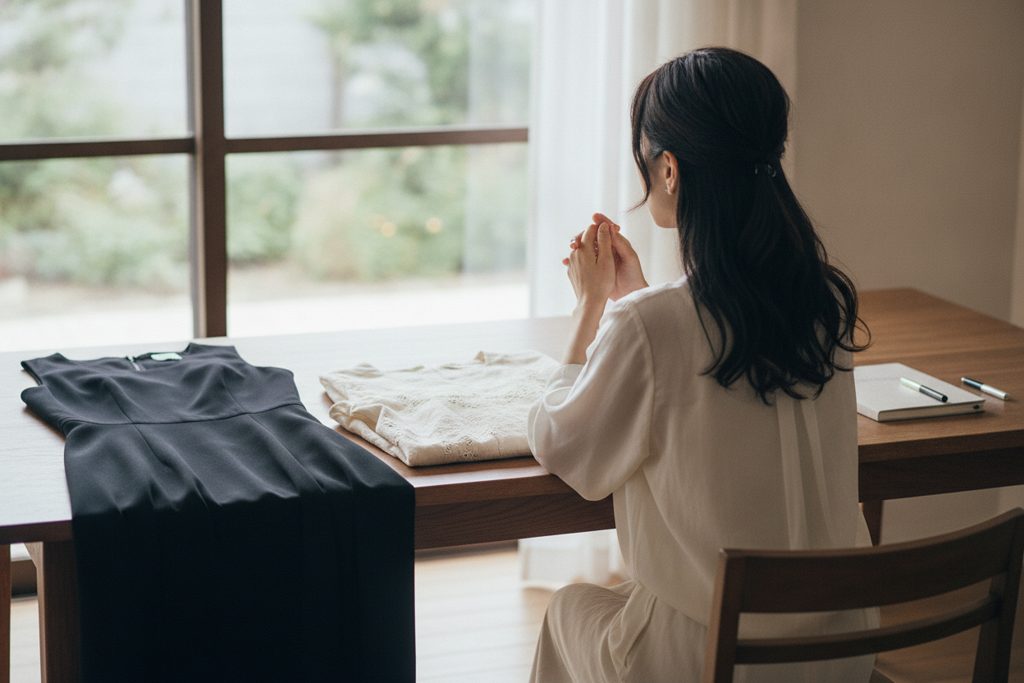 デスクで喪服と普段着を比較検討する女性の後ろ姿
