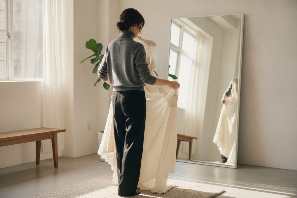 届いたばかりの服を鏡で確認する女性