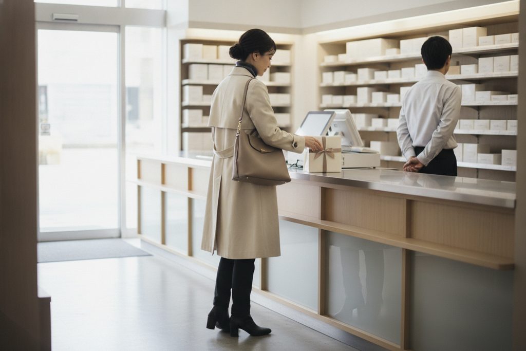 コンビニで荷物を返却する女性