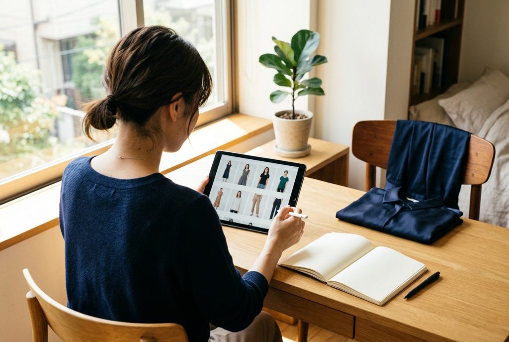 机でタブレットを操作し、服を選ぶ女性の背中