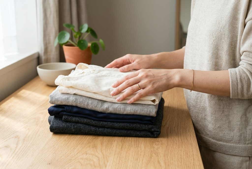 日差しの中で洋服を触れる女性の手元