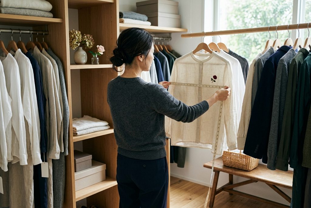 クローゼットで服のサイズを測る女性の後ろ姿
