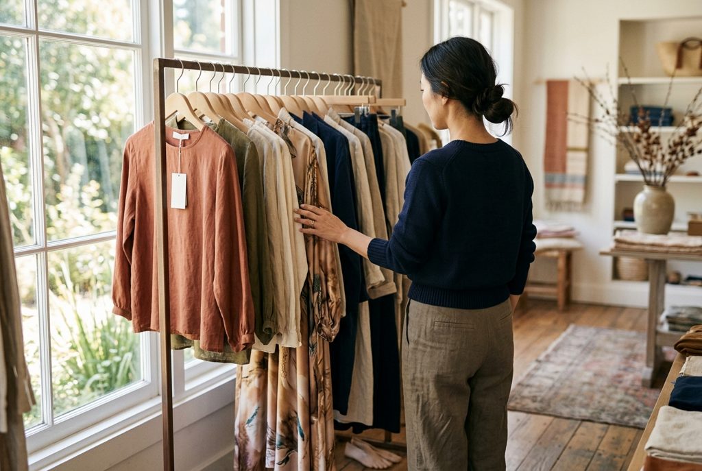 ハンガーラックに並んだ服を選ぶ女性の後ろ姿