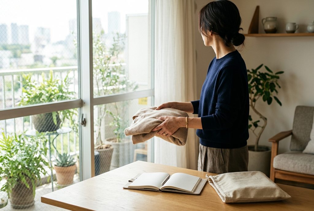 窓辺で、服を手にノートを広げる女性