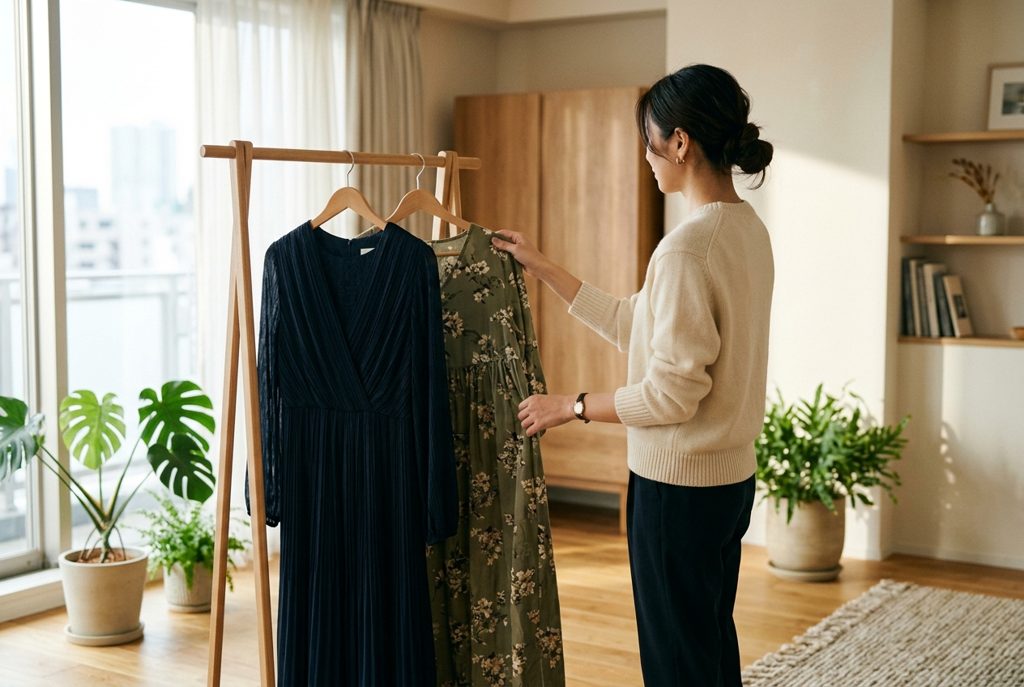 フォーマル服と普段着を見比べる妊婦