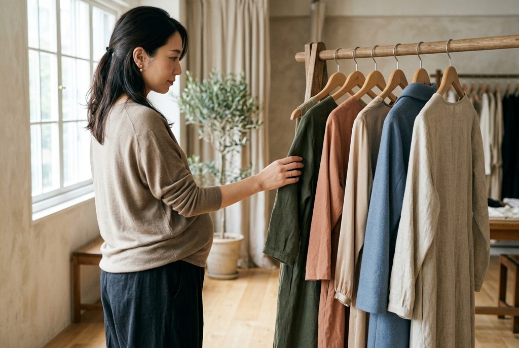 マタニティ服が並ぶハンガーラックに手を伸ばす女性