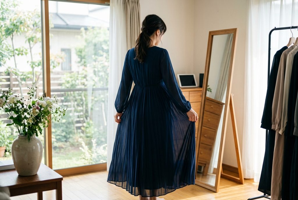 窓際でマタニティドレスを身につける妊婦の後ろ姿