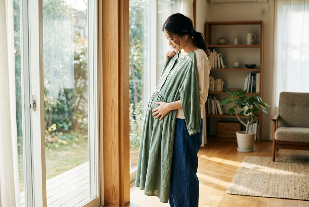 窓際でゆったりしたワンピースの丈感を見る妊婦の女性。