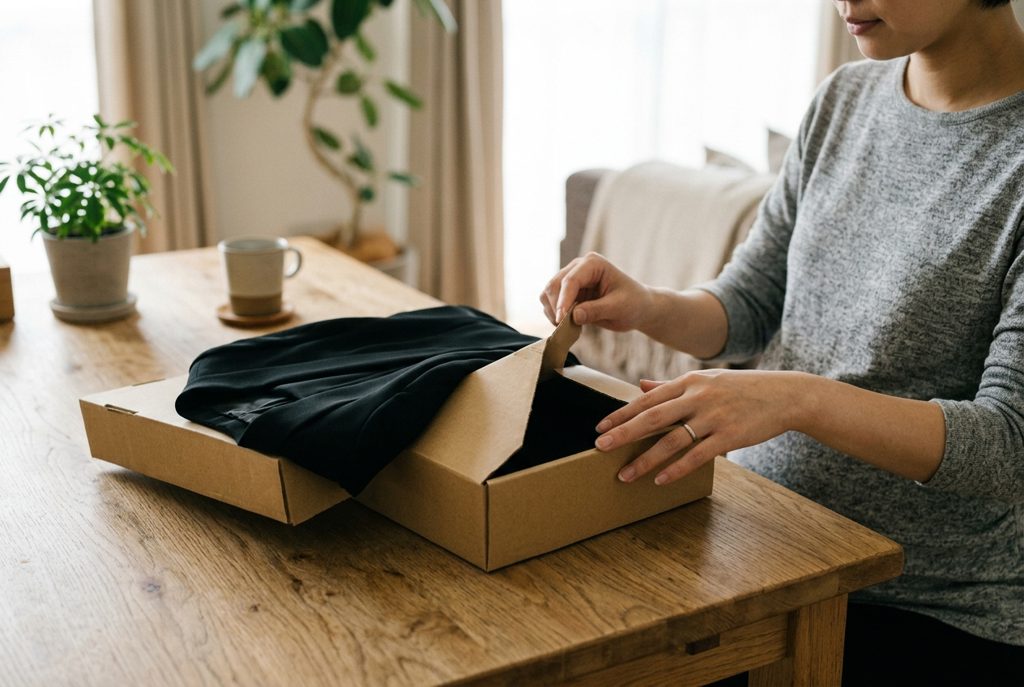 妊婦が喪服の入った荷物を開けている様子