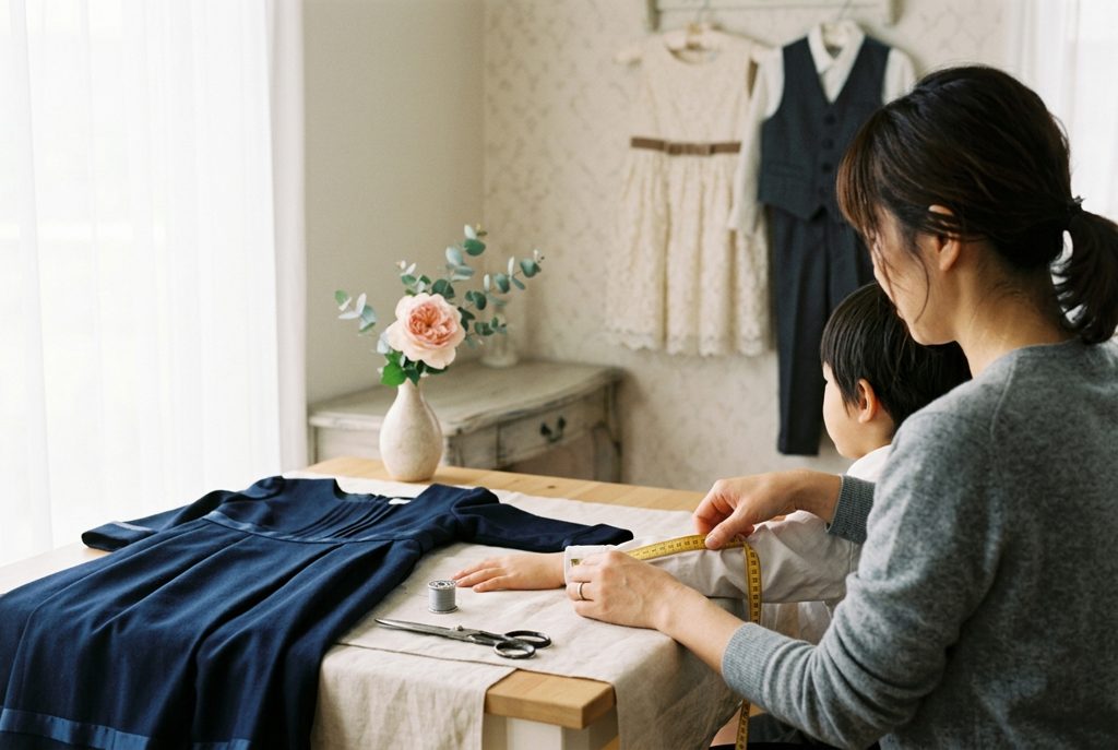子供用フォーマル服とメジャー、母親の手