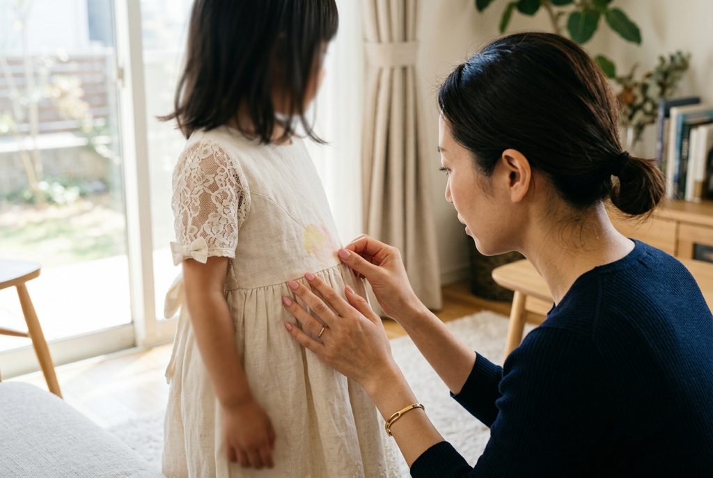 子供のフォーマルドレスについた飲み物の染みと、その生地に触れる女性の手
