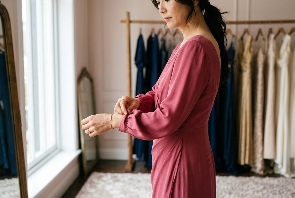 試着室で袖付きドレスの袖を整える女性