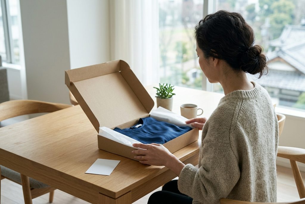 届いたレンタルドレスの箱を開ける女性の手元