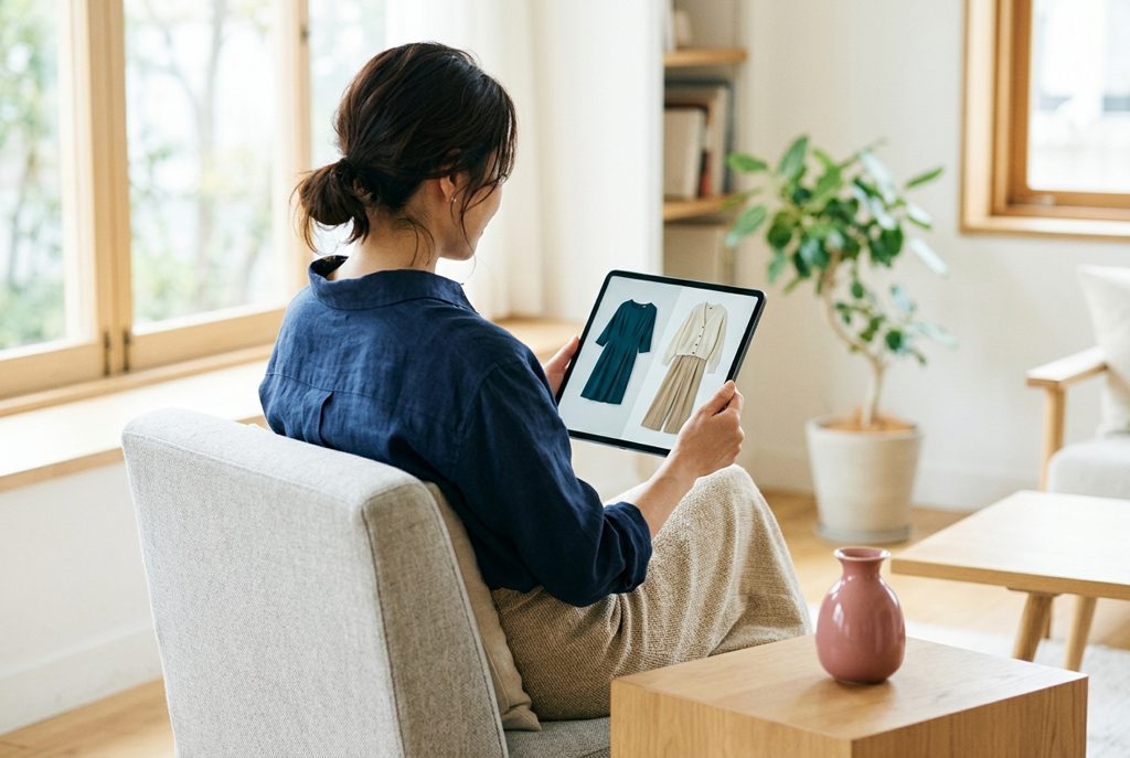 自然光の部屋でタブレットを見る女性